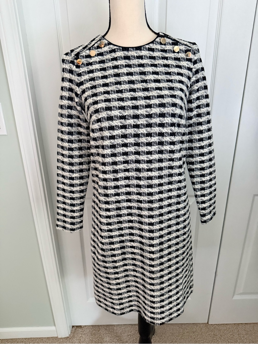 Ann Taylor Factory Tweed Plaid Shift Dress Small Petite SP Black White career